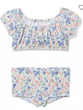 NEW Janie & Jack Ditsy Floral Puff Sleeve Buttons 2 Piece Swimsuit 6-12 Months